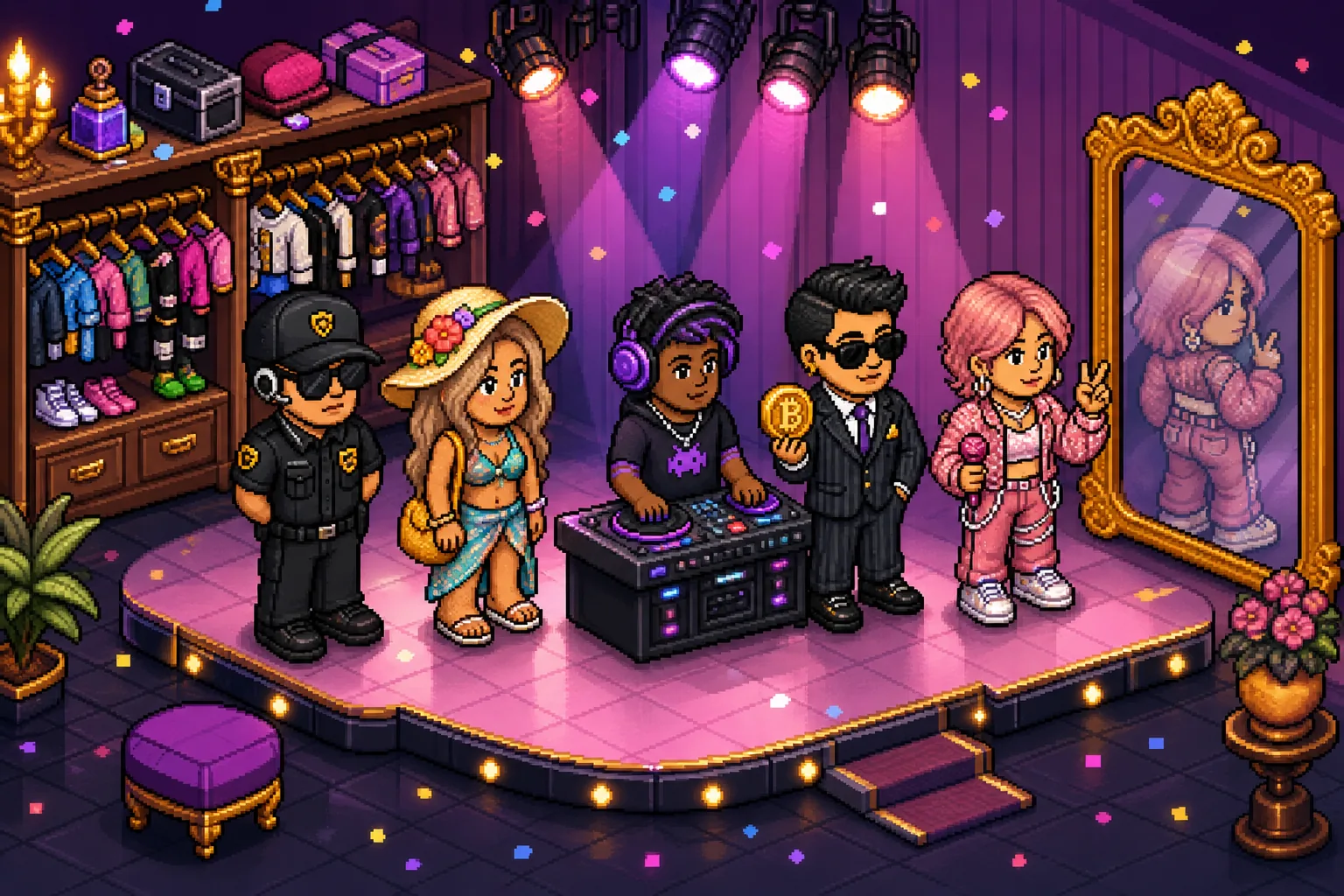 Pixel-art avatar dressing room with a lineup of characters
