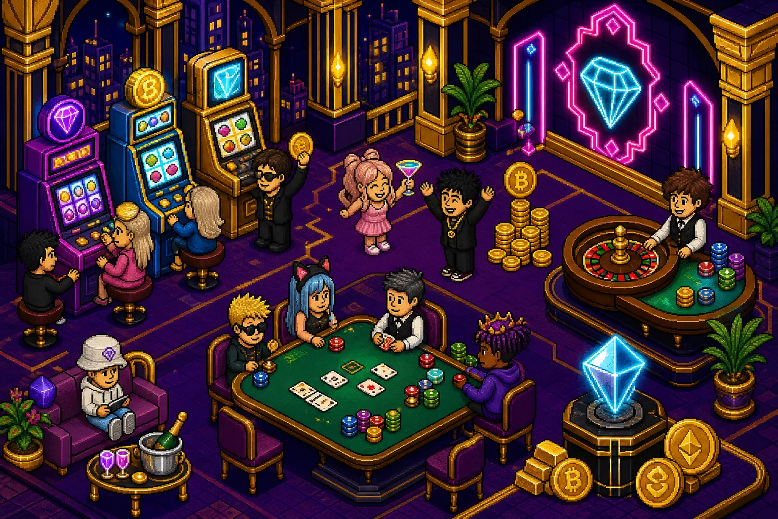 Pixel-art casino floor with slots, poker and roulette