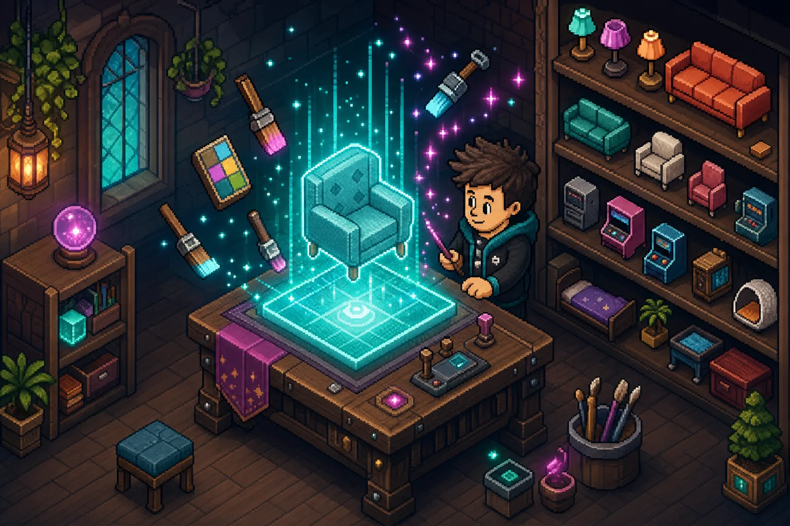 Pixel-art workshop where furniture materializes from a hologram