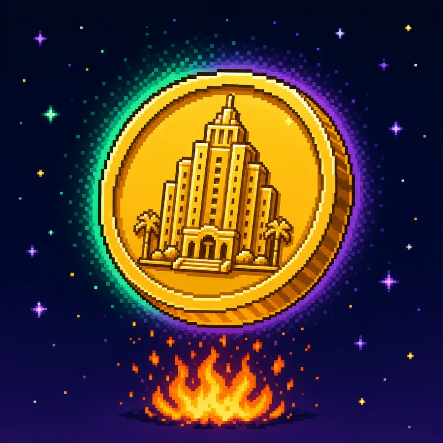 Golden $HOTEL pixel coin with a burn flame